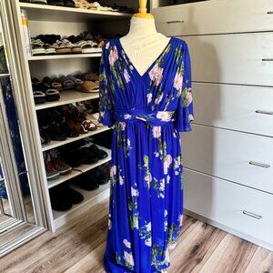 Adrianna Papell Floral Chiffon Maxi Dress V-Neck and Flutter Sleeves